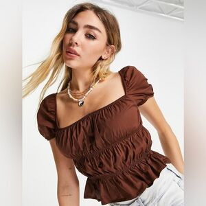 Brown Puff Sleeve Women's Top